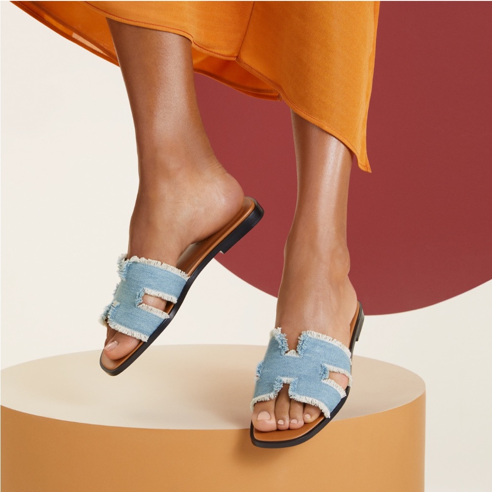 Hermes Oran Sandal Blue Clair Denim Size 7